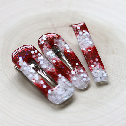 Christmas Red and White Candy-Cane Sparkly Barrette Set