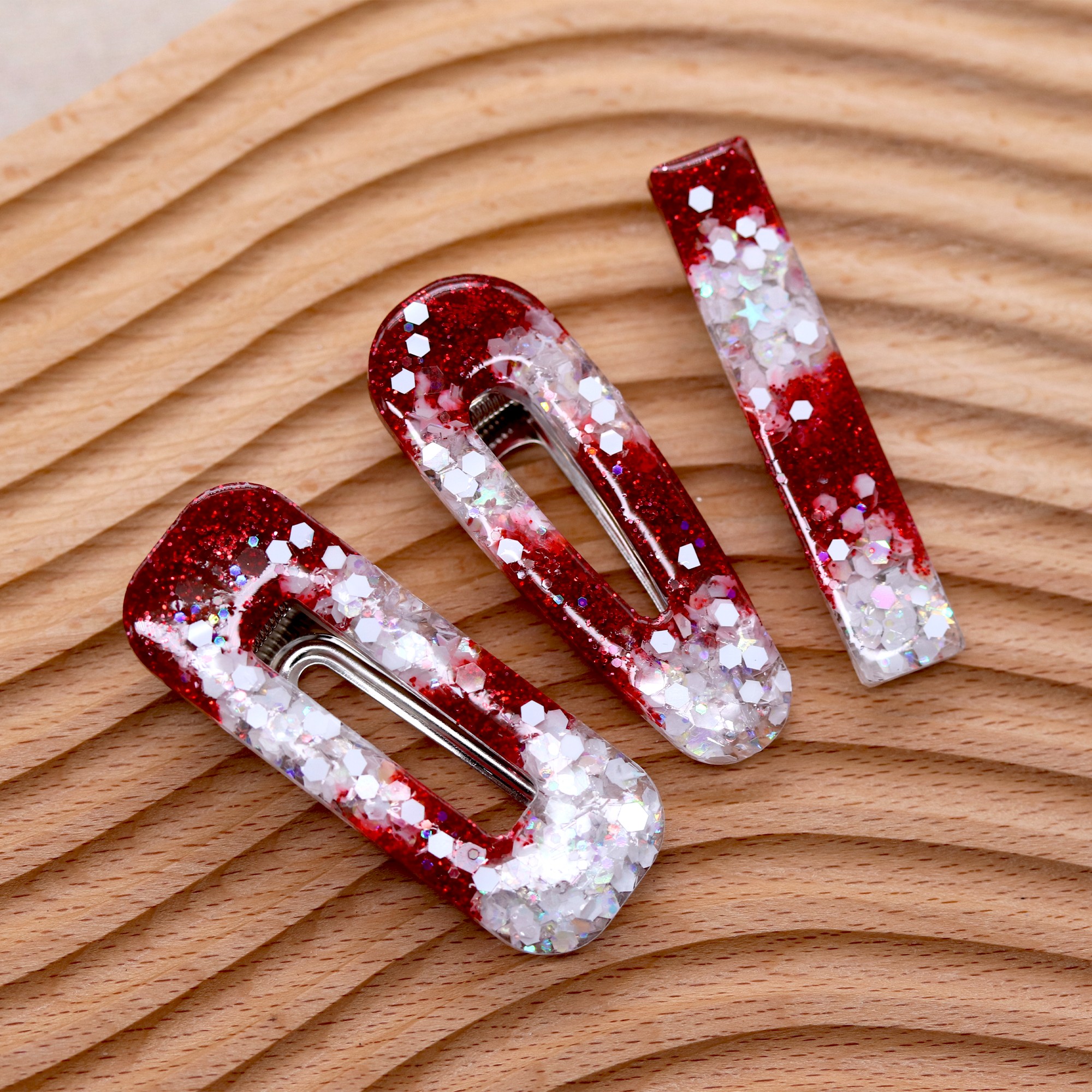 Christmas Red and White Candy-Cane Sparkly Barrette Set