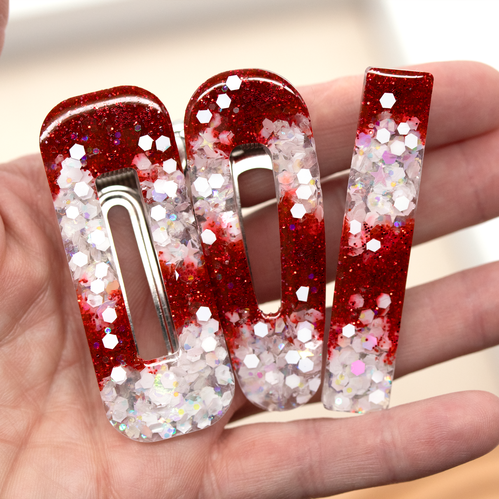 Christmas Red and White Candy-Cane Sparkly Barrette Set