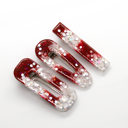 Christmas Red and White Candy-Cane Sparkly Barrette Set