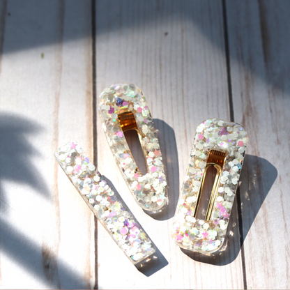 White Holographic Sparkly Barrette Set