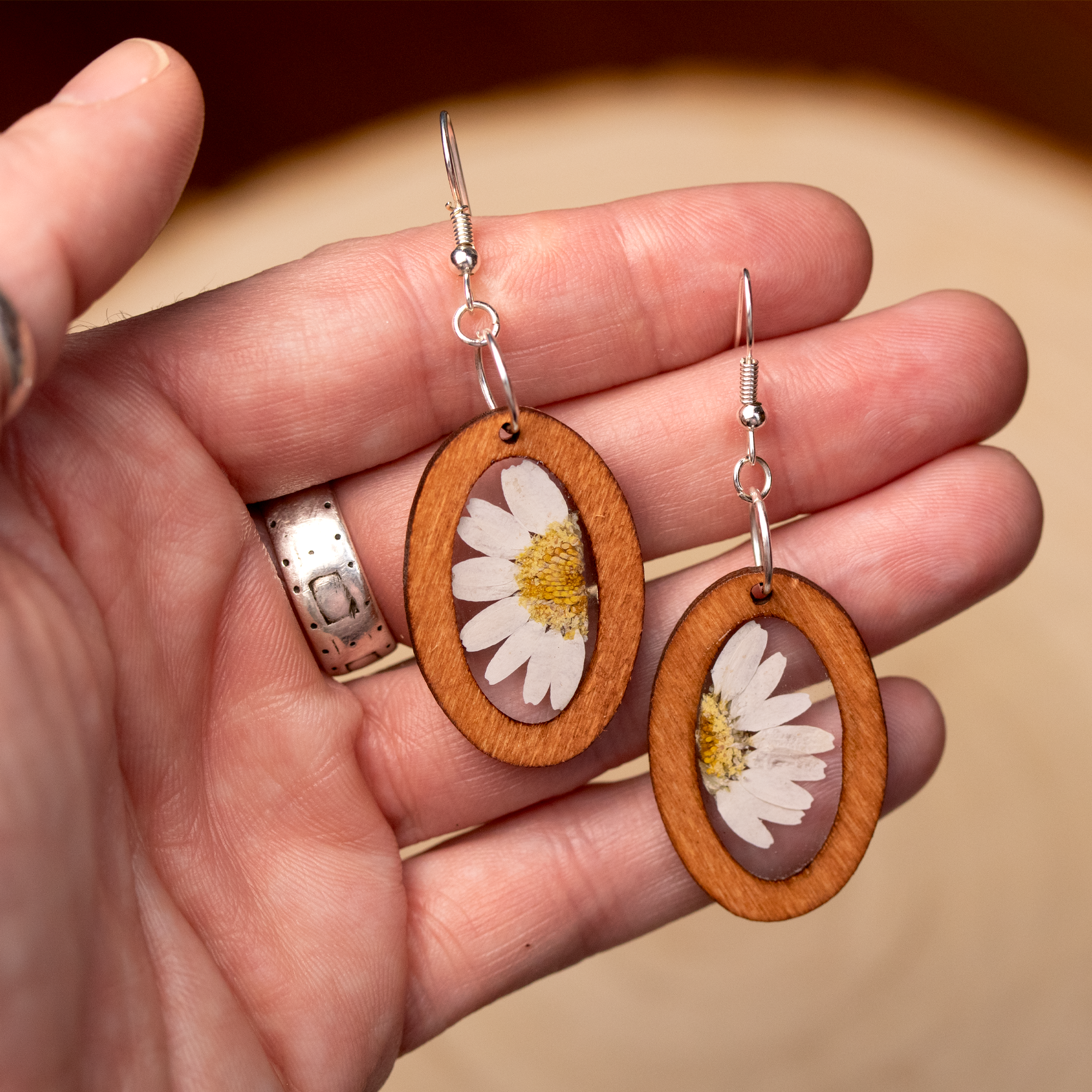 Wood Oval Daisy Boho Flower Lightweight Earrings