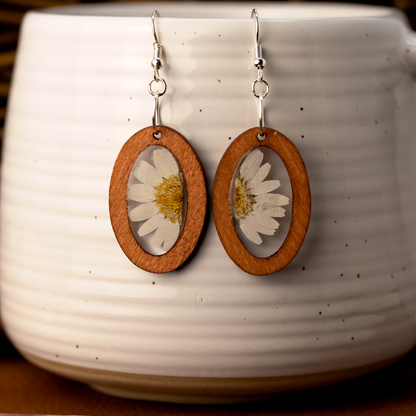 Wood Oval Daisy Boho Flower Lightweight Earrings