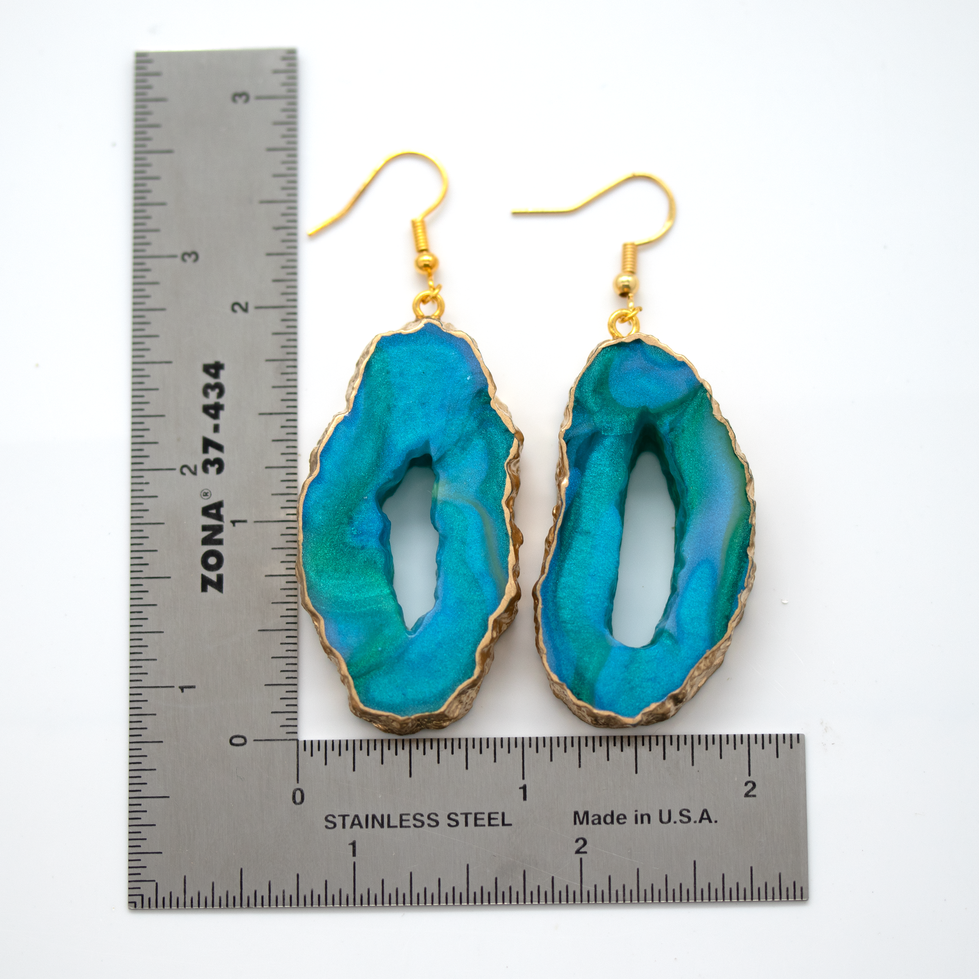 Northern Lights Teal + Gold Marble Geode Earrings image 7