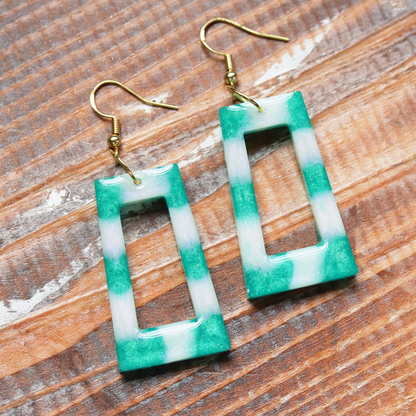 Green + White Boho Trapezoid-Shaped Earrings image 0