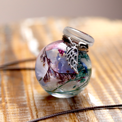 Blue with Silver Leaf Botanical Round Flower Pendant image 1