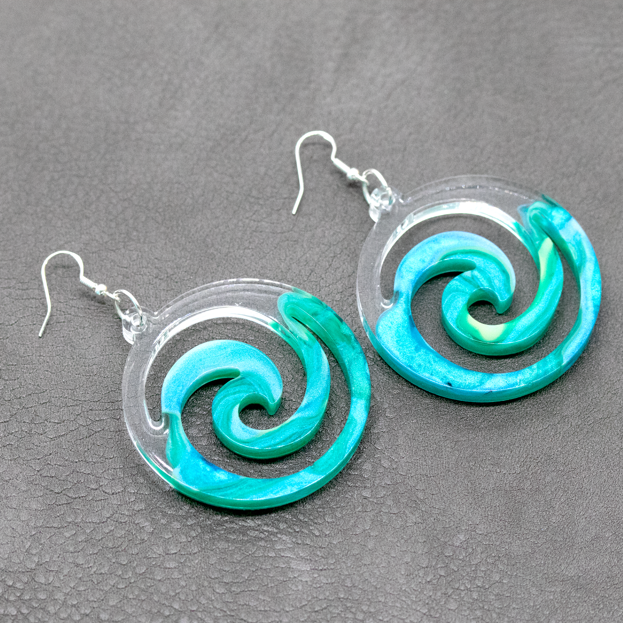 Teal Marble + Clear Big Boho Spiral Earrings image 1