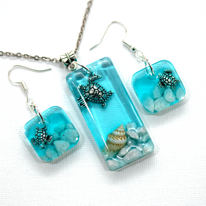 Underwater Turtle Seascape Earrings + Pendant Set image 2