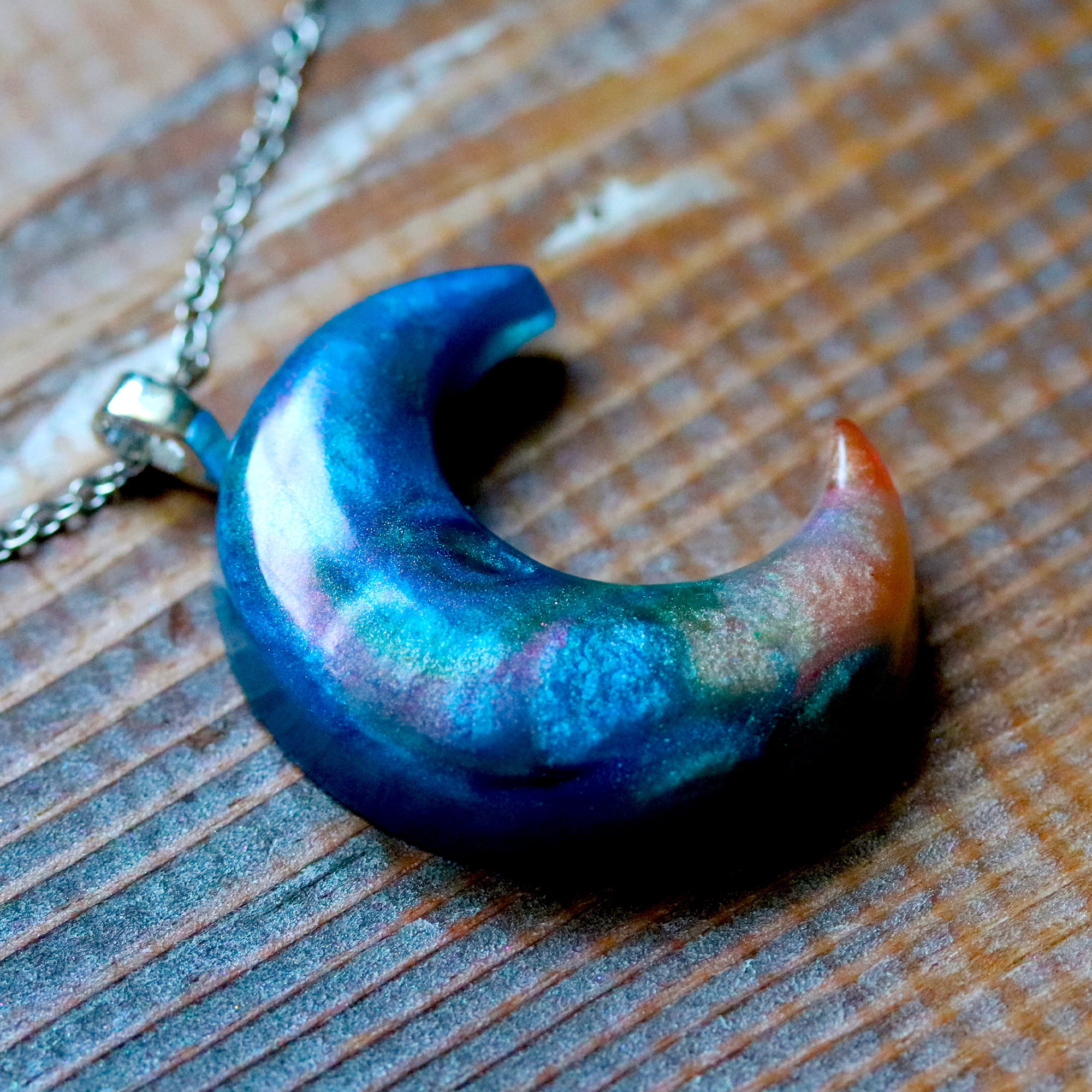 Blue + Rose Gold Crescent Moon Pendant image 0