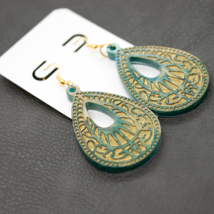 Green Marble + Gold Big Boho Earrings image 6