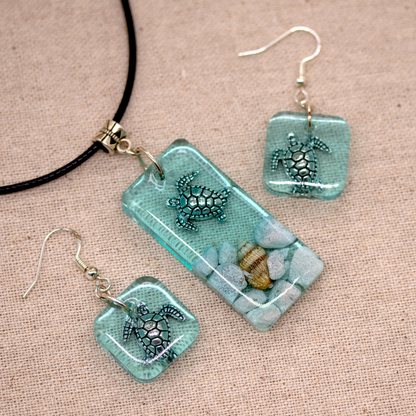 Turtle Underwater Seascape Earrings + Pendant Set image 1