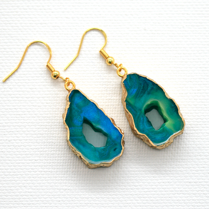 Northern Lights Teal + Gold Marble Geode Earrings image 1