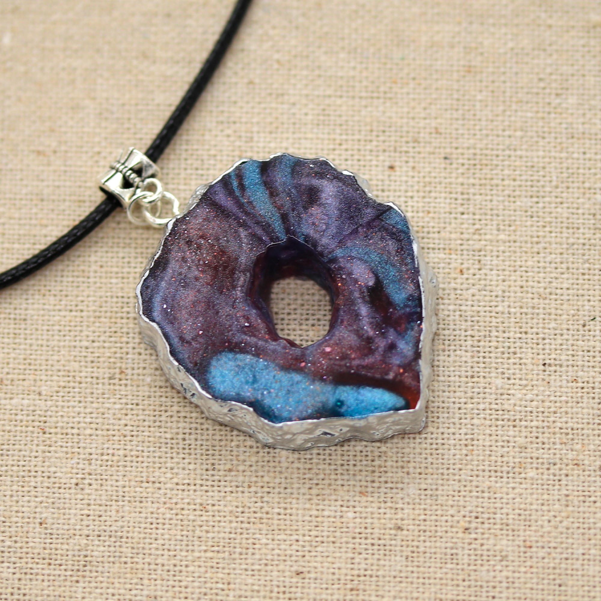 Teal + Purple Galaxy Geode Pendant image 0