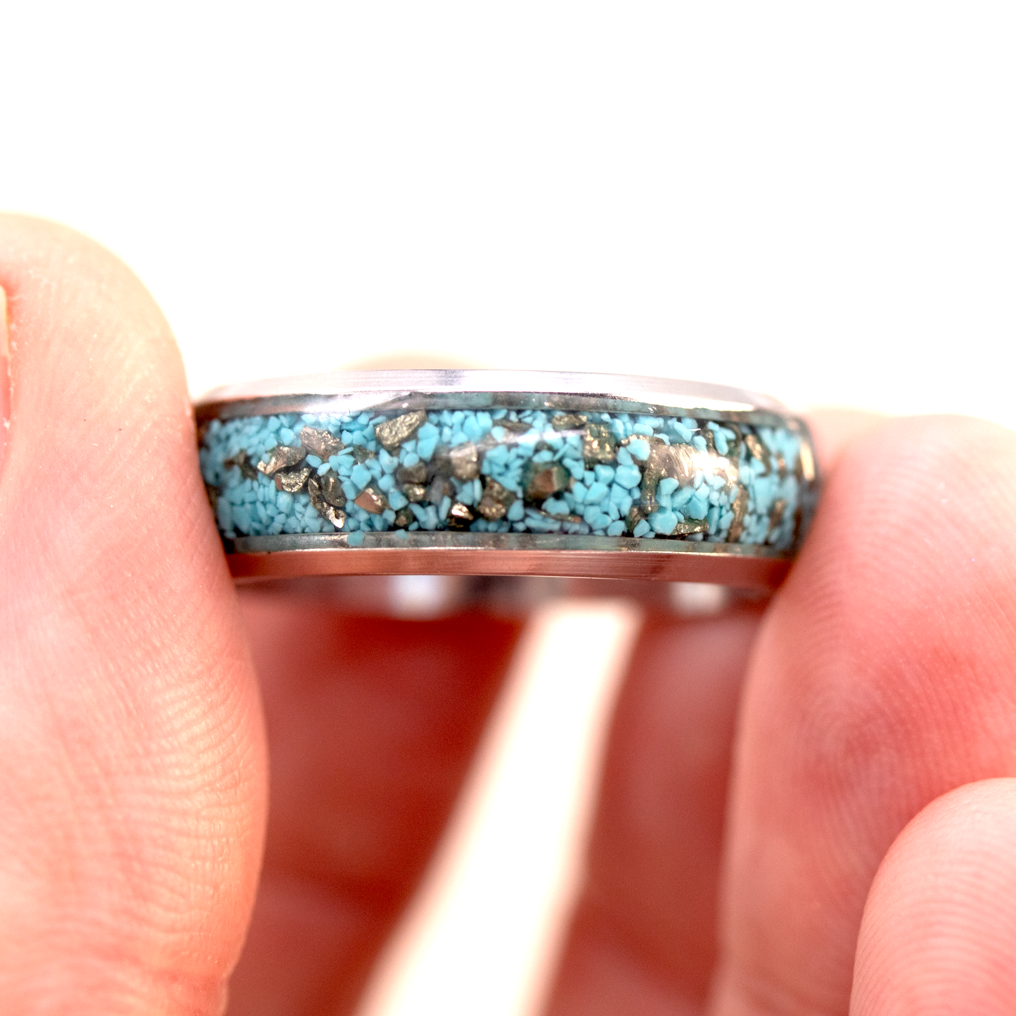 Turquoise and Pyrite Inlay Silver Finish Ring image 2