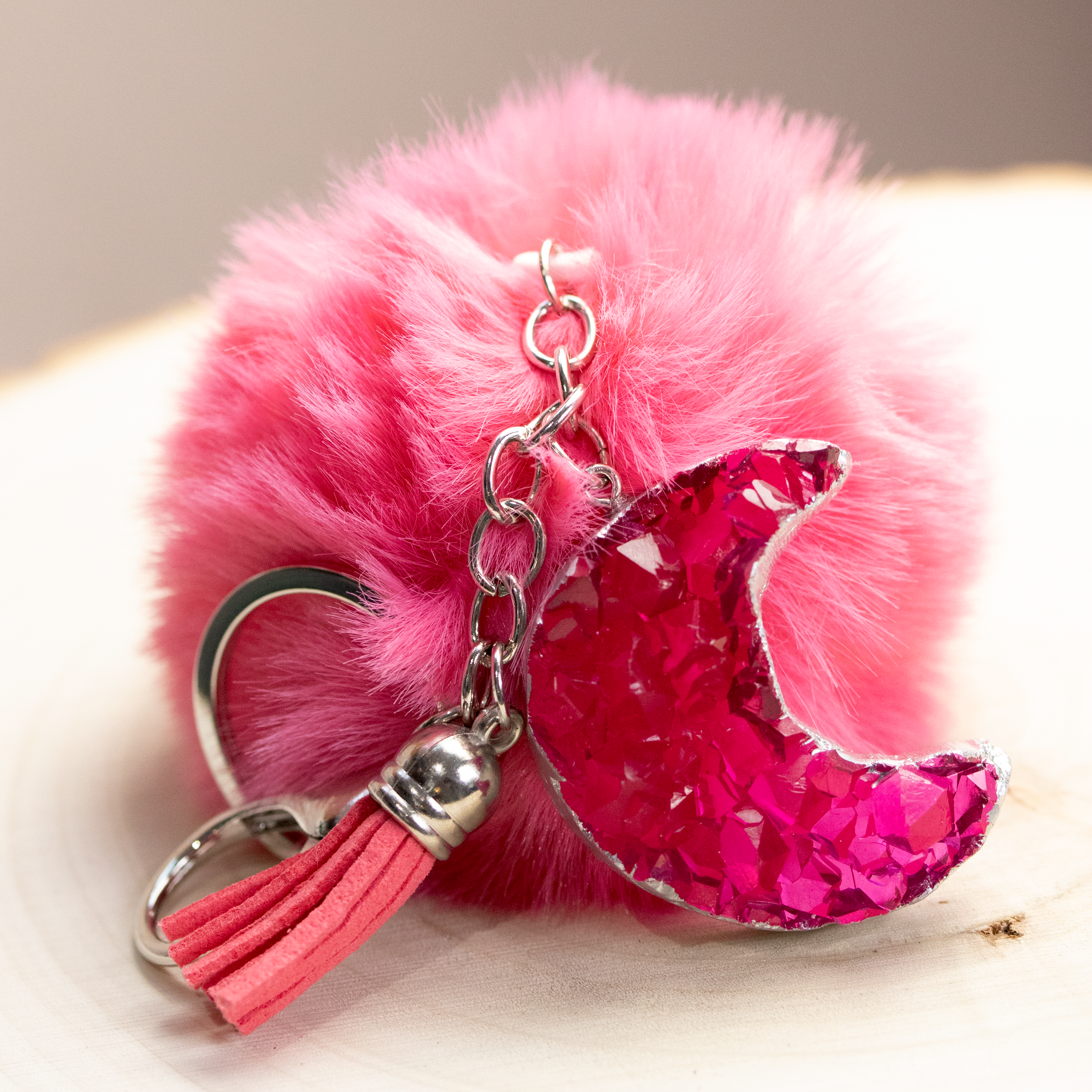 Pink Fushia Druzy Crystal Crescent Moon Keychain image 0