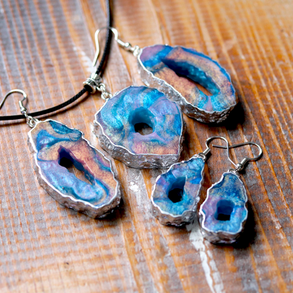 Blue + Rose Gold Shimmering Geode Earrings image 2