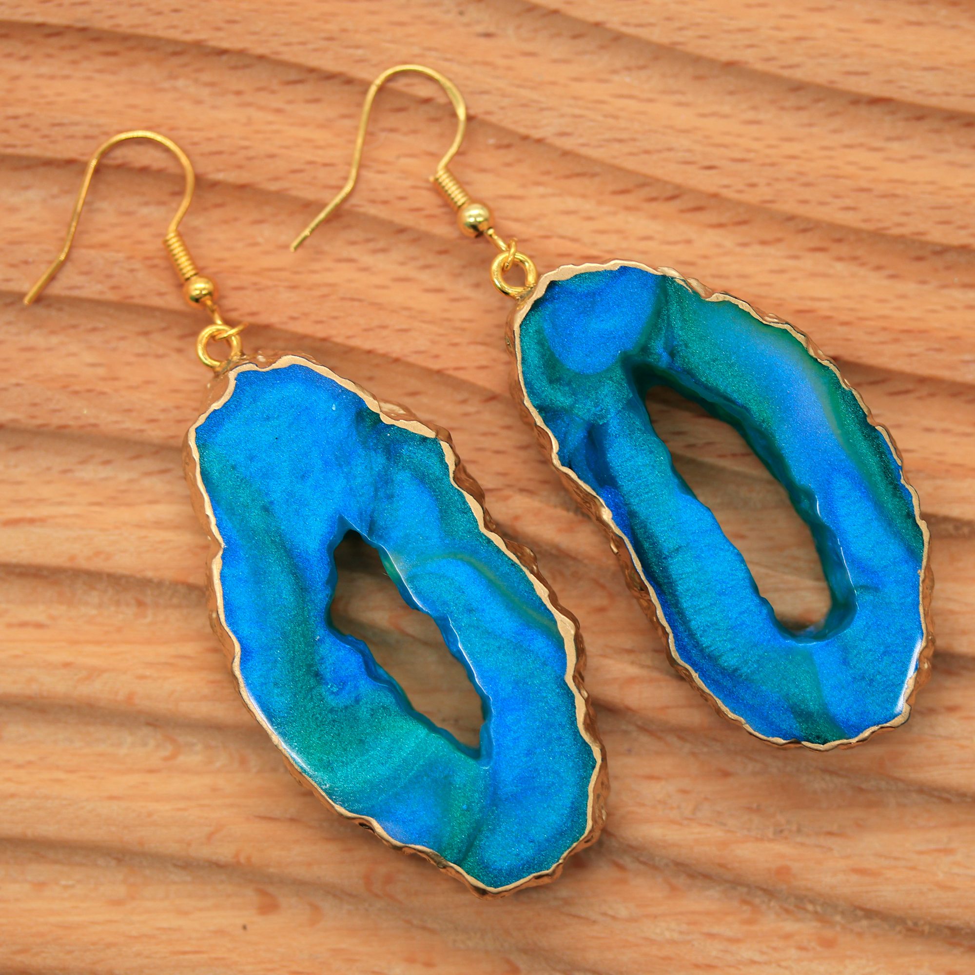 Northern Lights Teal + Gold Marble Geode Earrings image 5