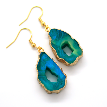 Northern Lights Teal + Gold Marble Geode Earrings image 5