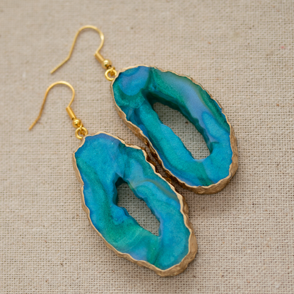 Northern Lights Teal + Gold Marble Geode Earrings image 2