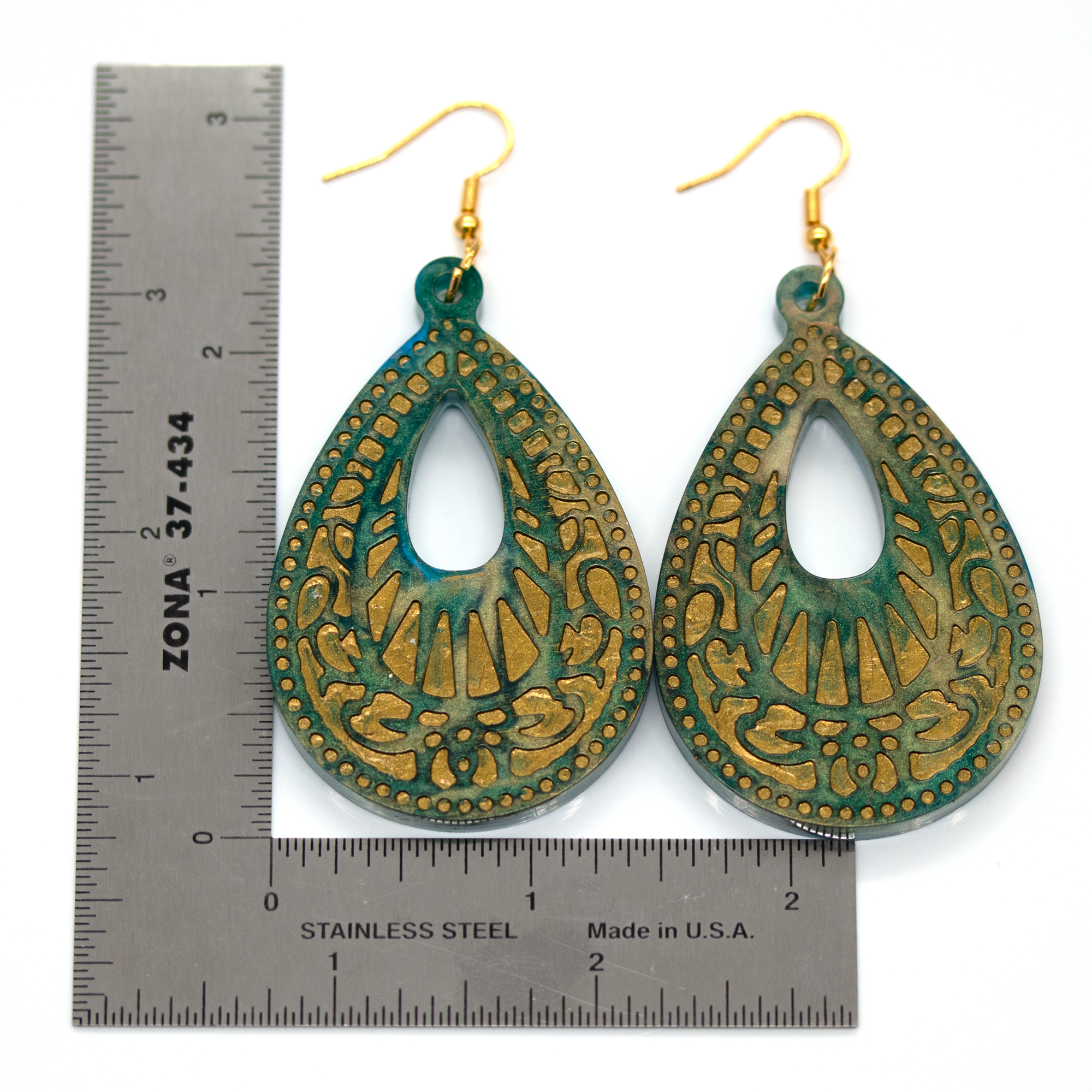 Green Marble + Gold Big Boho Earrings image 9