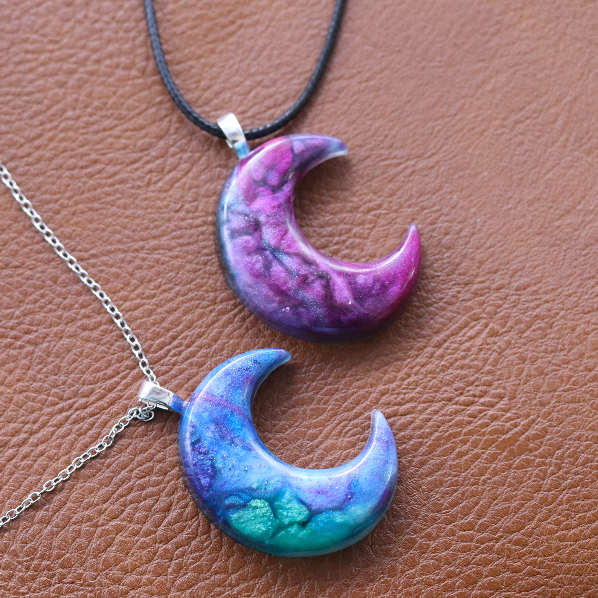 Purple or Blue Marbled Galaxy Crescent Moon Pendant image 2