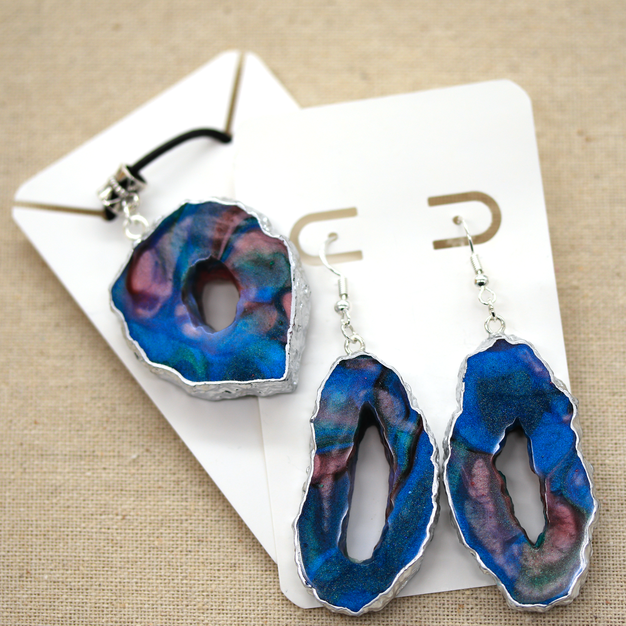 Blue + Pink Marble Geode Earrings image 3