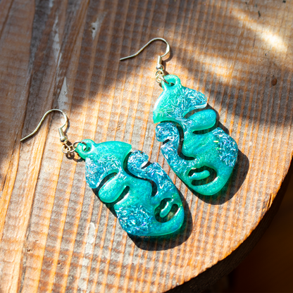 Green +Blue Tinsel Woman's Abstract Face Earrings image 0