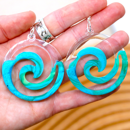 Teal Marble + Clear Big Boho Spiral Earrings image 6