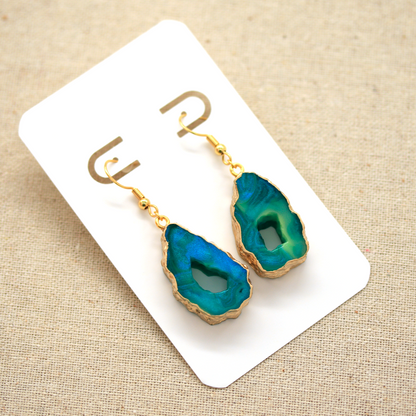 Northern Lights Teal + Gold Marble Geode Earrings image 4