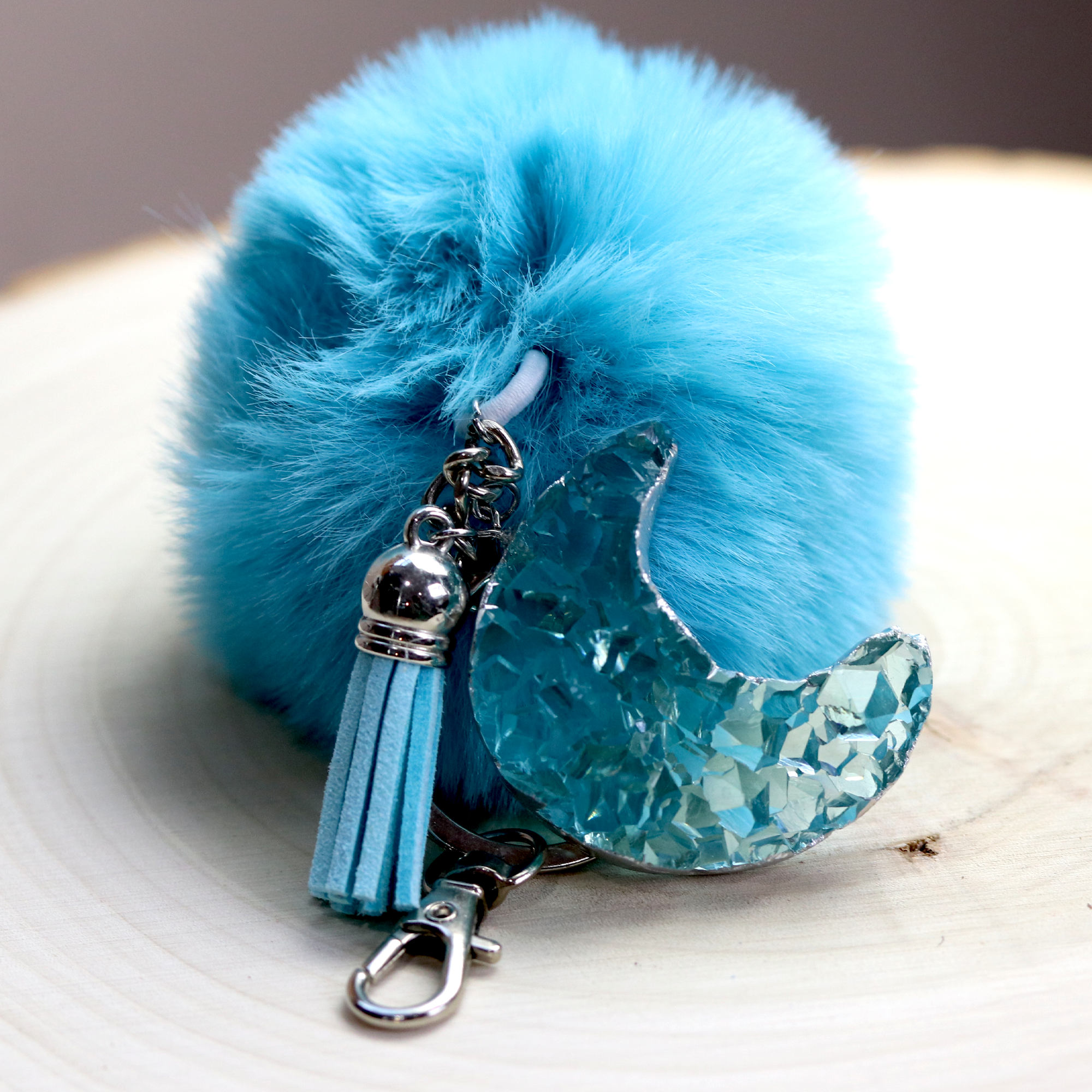 Light Aqua Blue Druzy Crystal Crescent Moon Keychain image 0