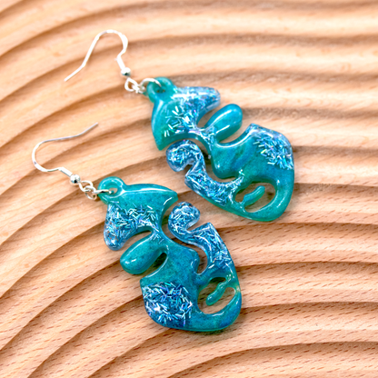 Green +Blue Tinsel Woman's Abstract Face Earrings image 1