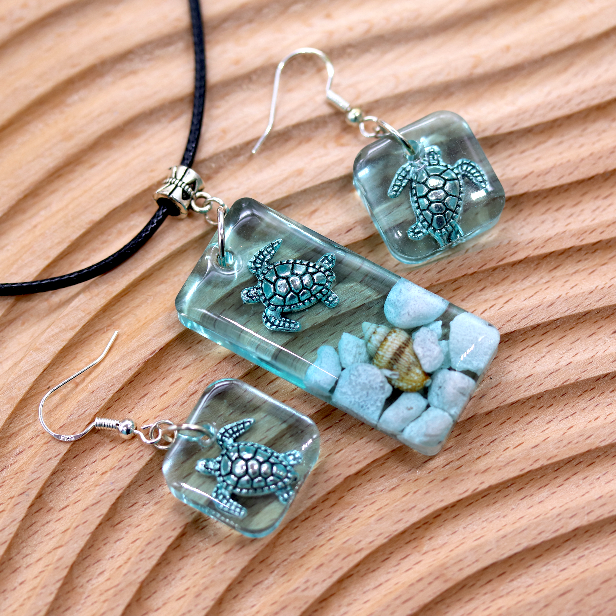 Turtle Underwater Seascape Earrings + Pendant Set image 3