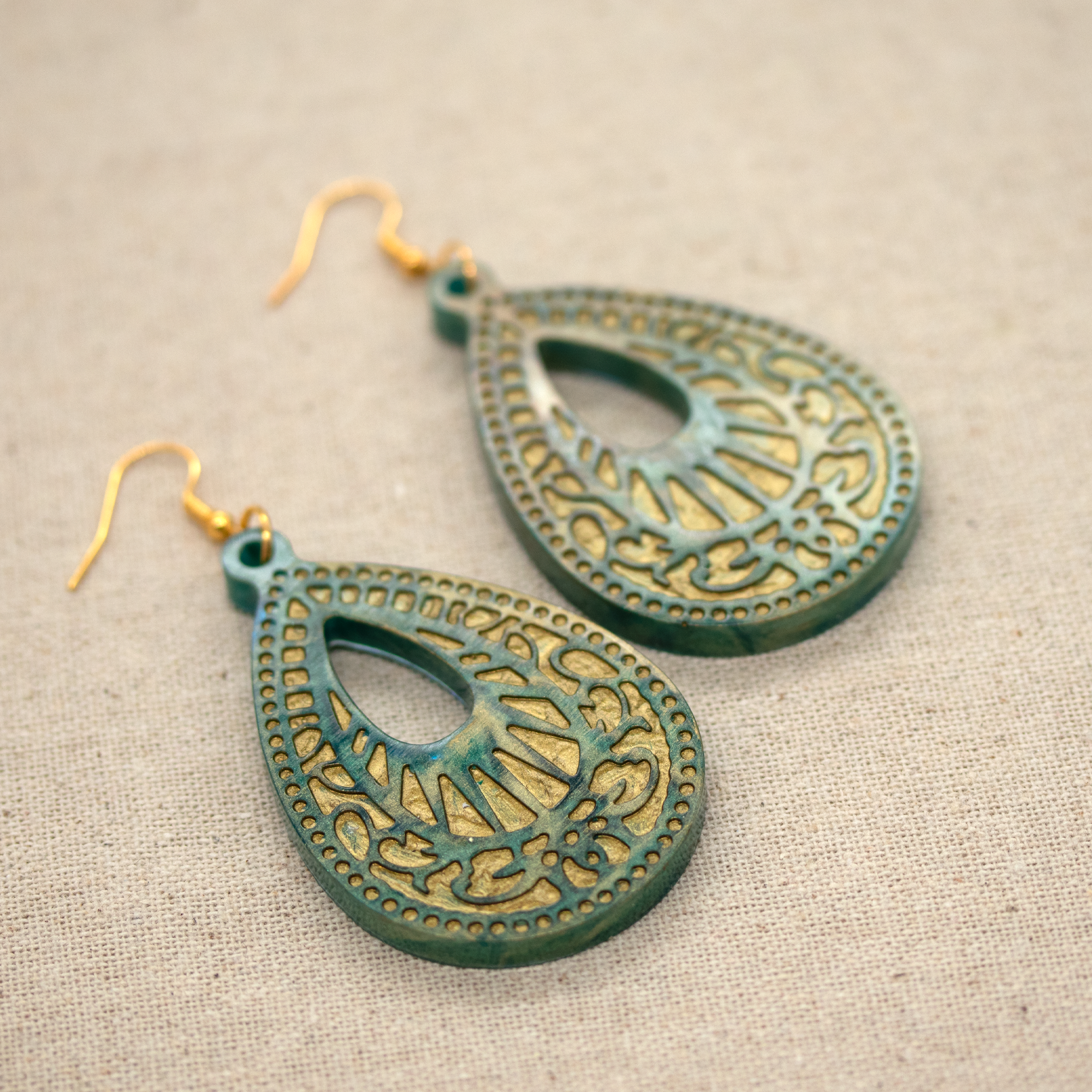 Green Marble + Gold Big Boho Earrings image 4