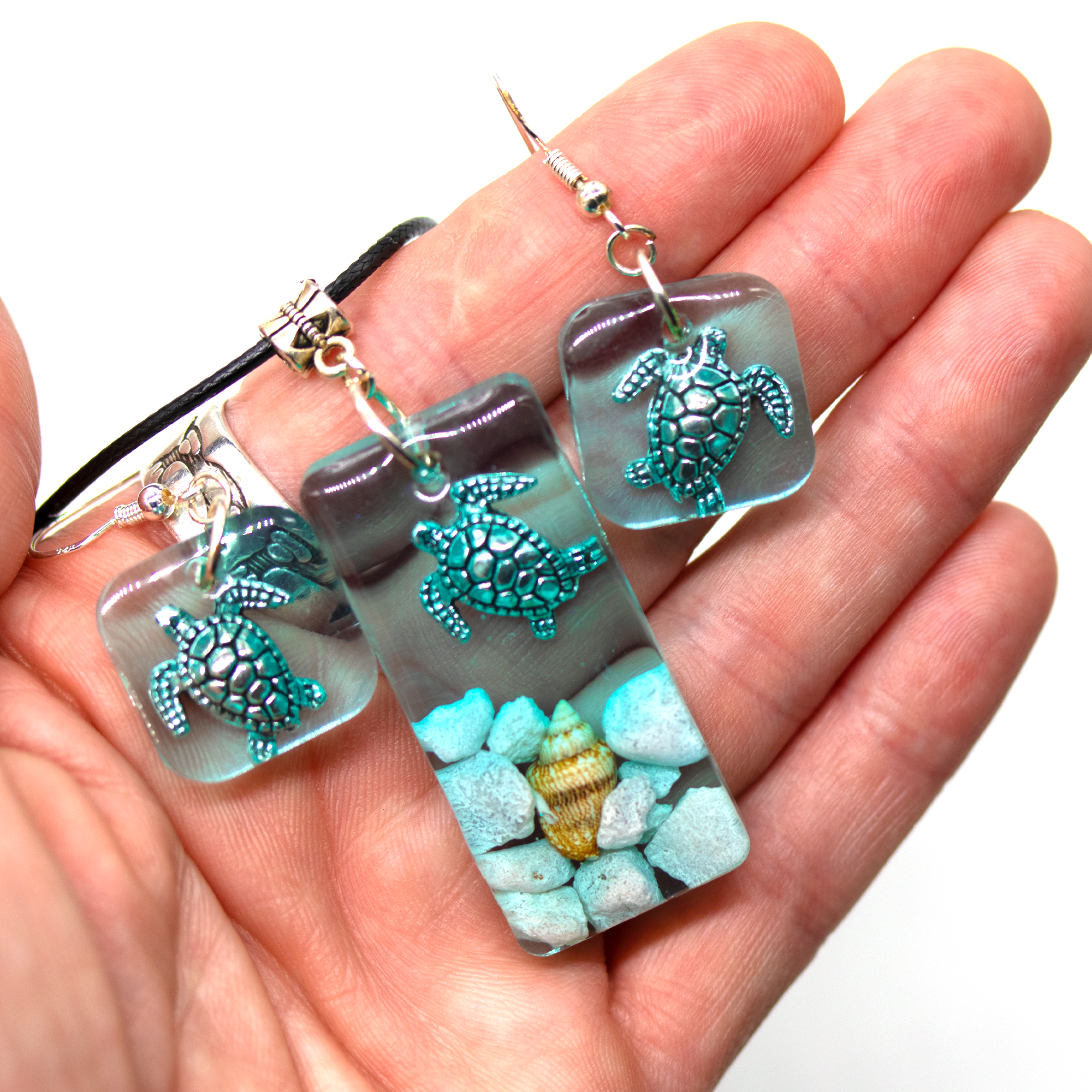 Turtle Underwater Seascape Earrings + Pendant Set image 4