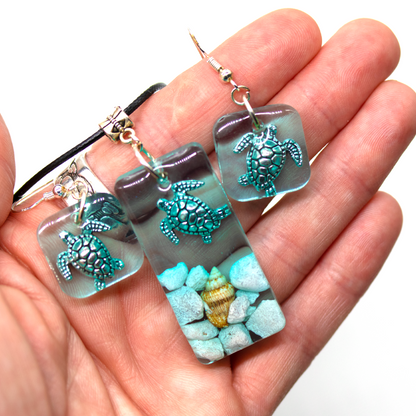 Turtle Underwater Seascape Earrings + Pendant Set image 4