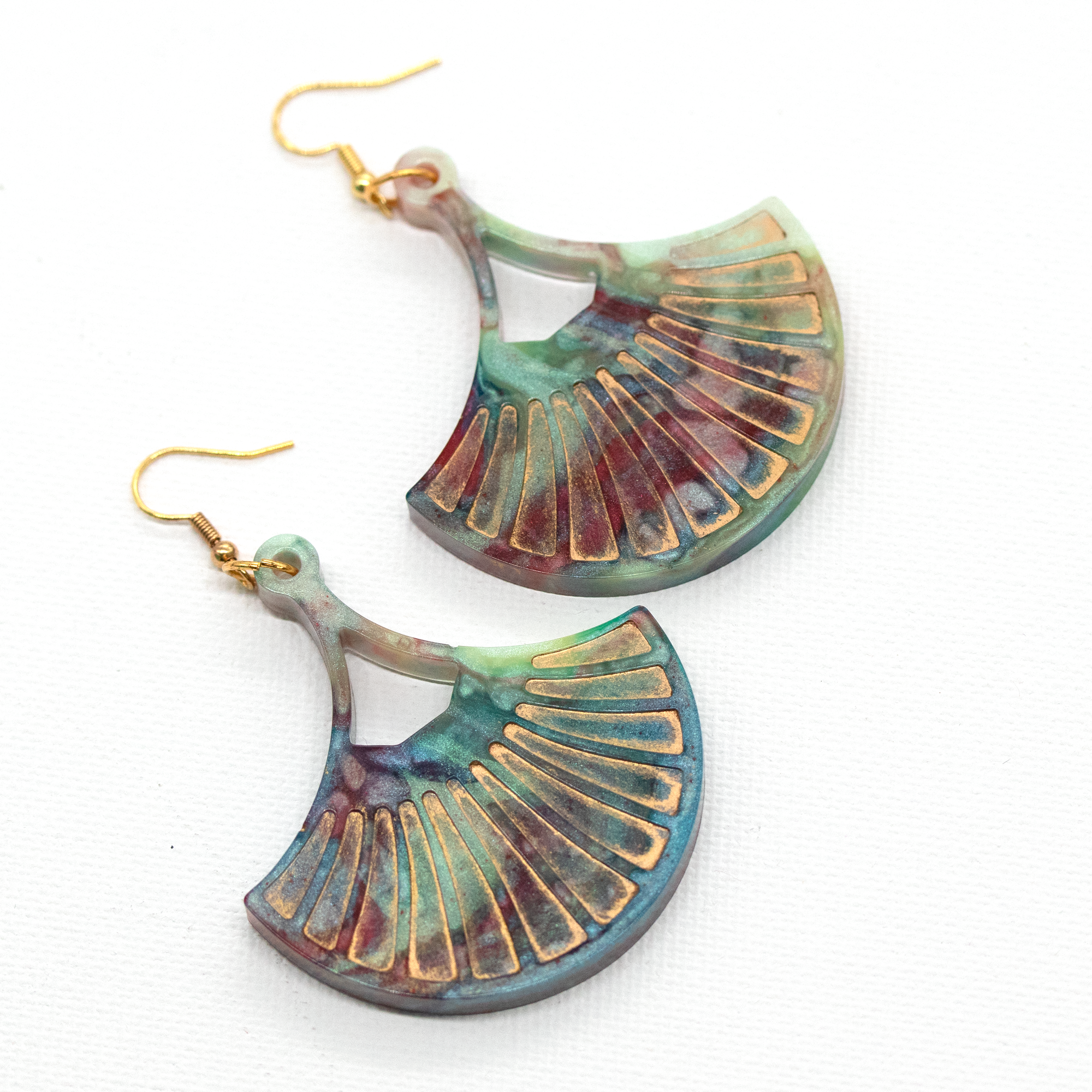 Opal + Gold Marble Fan-Shaped Boho Earrings image 2