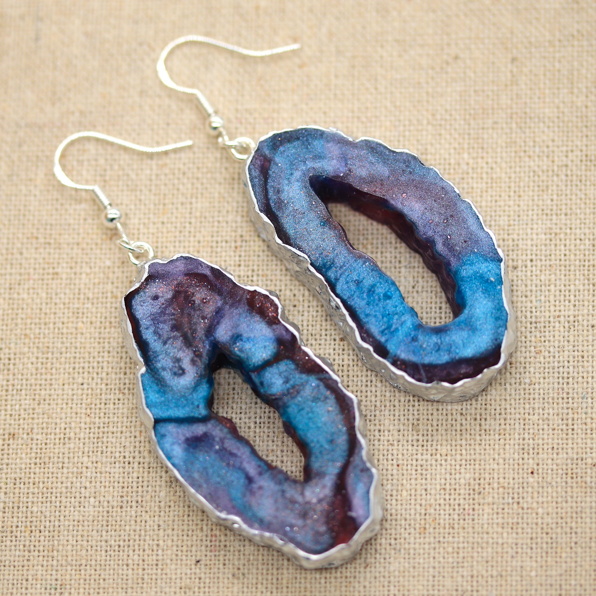 Blue + Purple Marble Galaxy Big Geode Earrings image 0