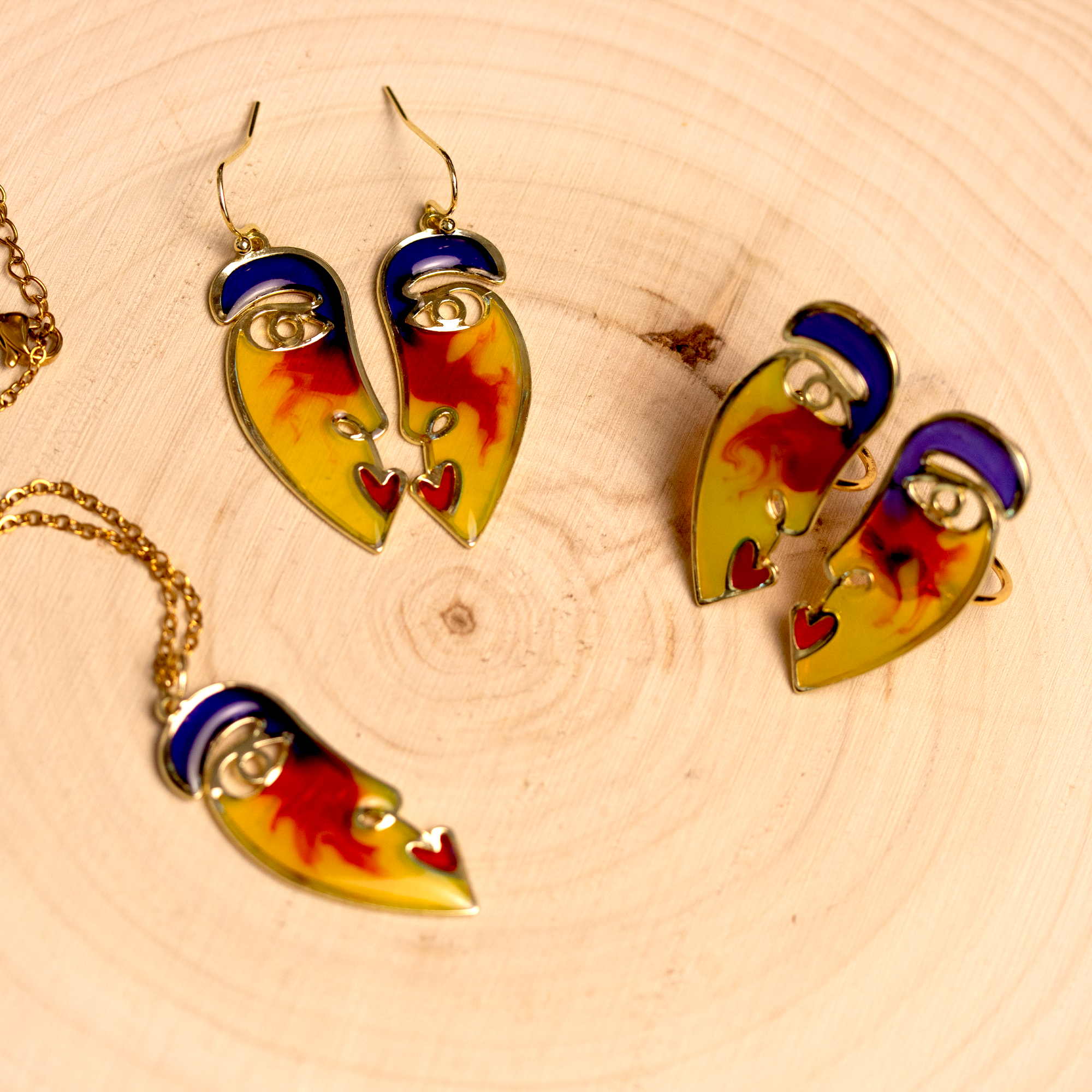 Sunset picasso face jewelry handmade pendant earrings ring set 11.png