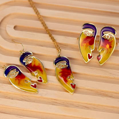 Sunset picasso face jewelry handmade pendant earrings ring set 15.png