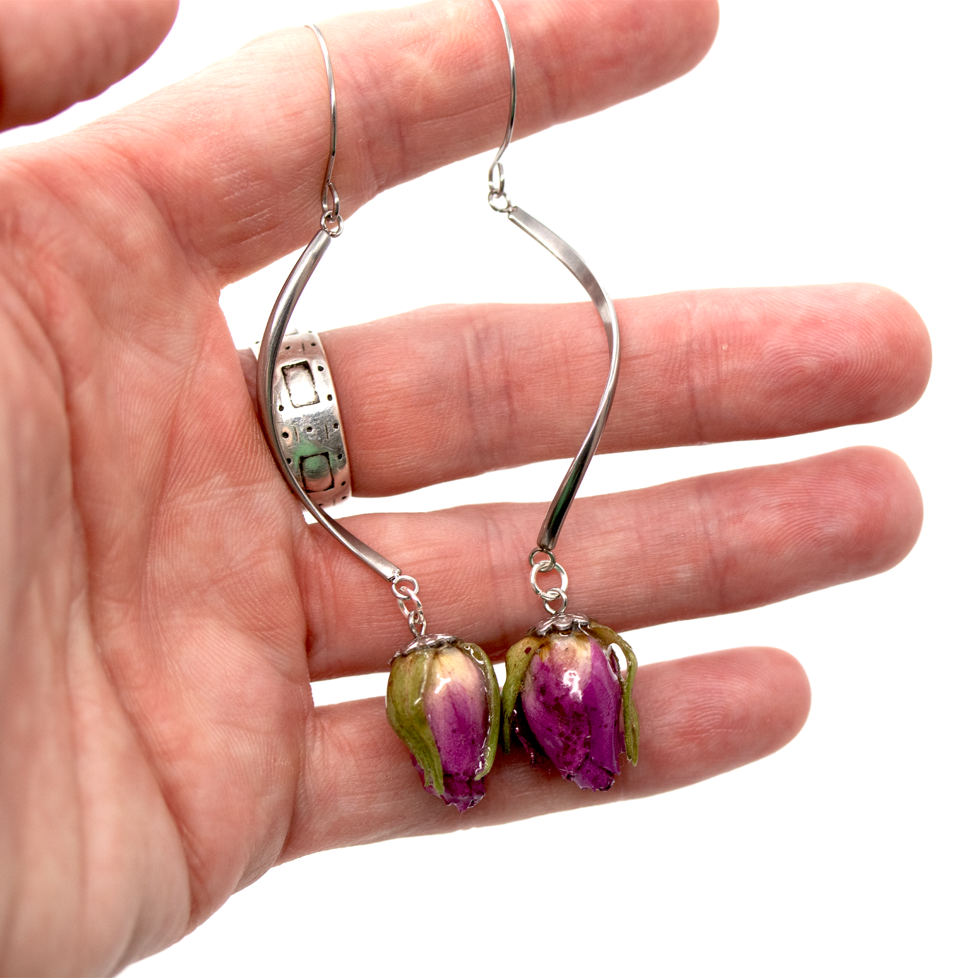 Real rose bud purple flower long dangle hanging earrings silver finish.png