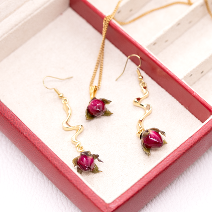 Real red mini rose bud earrings pendant set gold.png