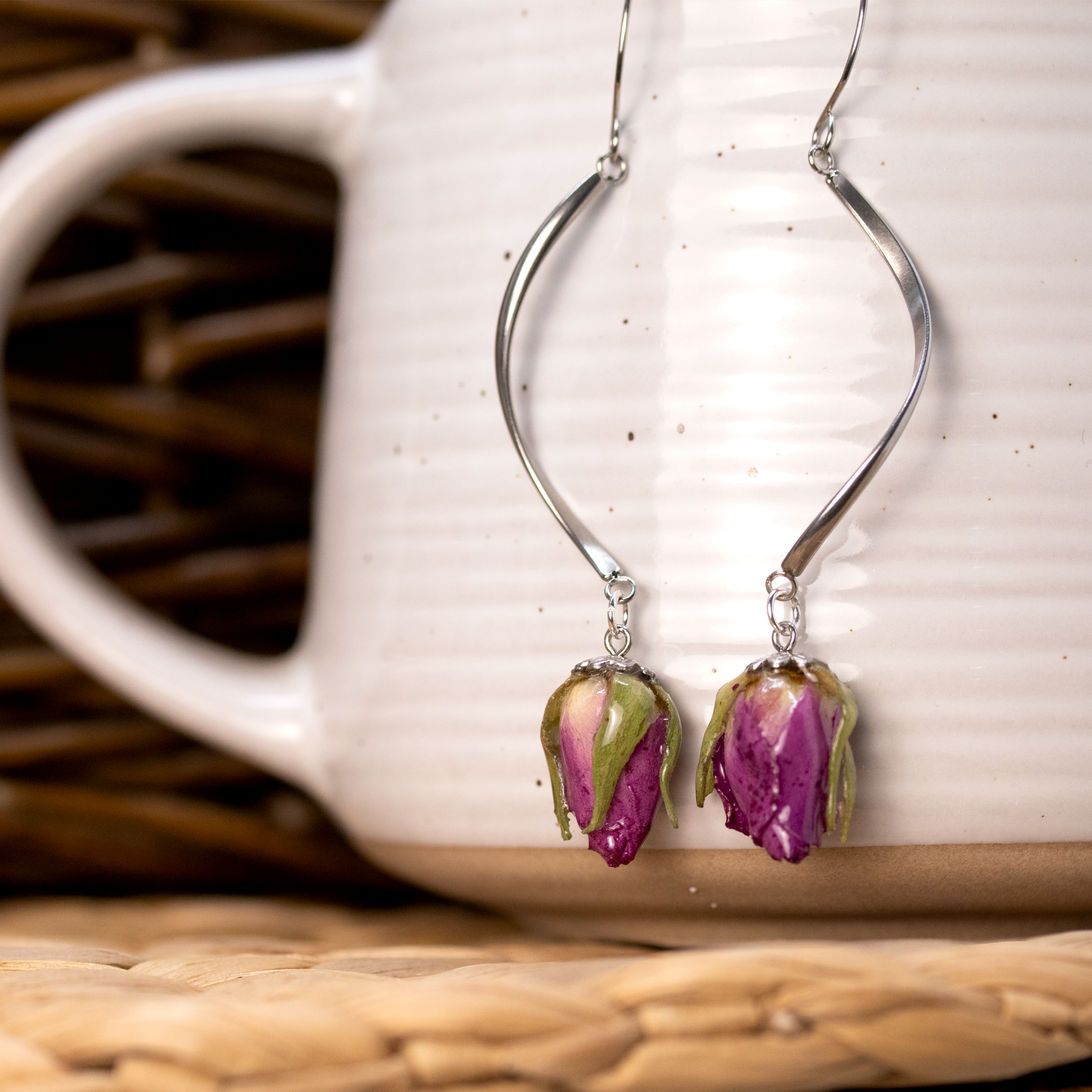 Real rose bud purple flower long dangle hanging earrings silver finish 1.png