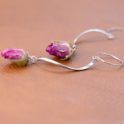 Real rose bud purple flower long dangle hanging earrings silver finish 2.png