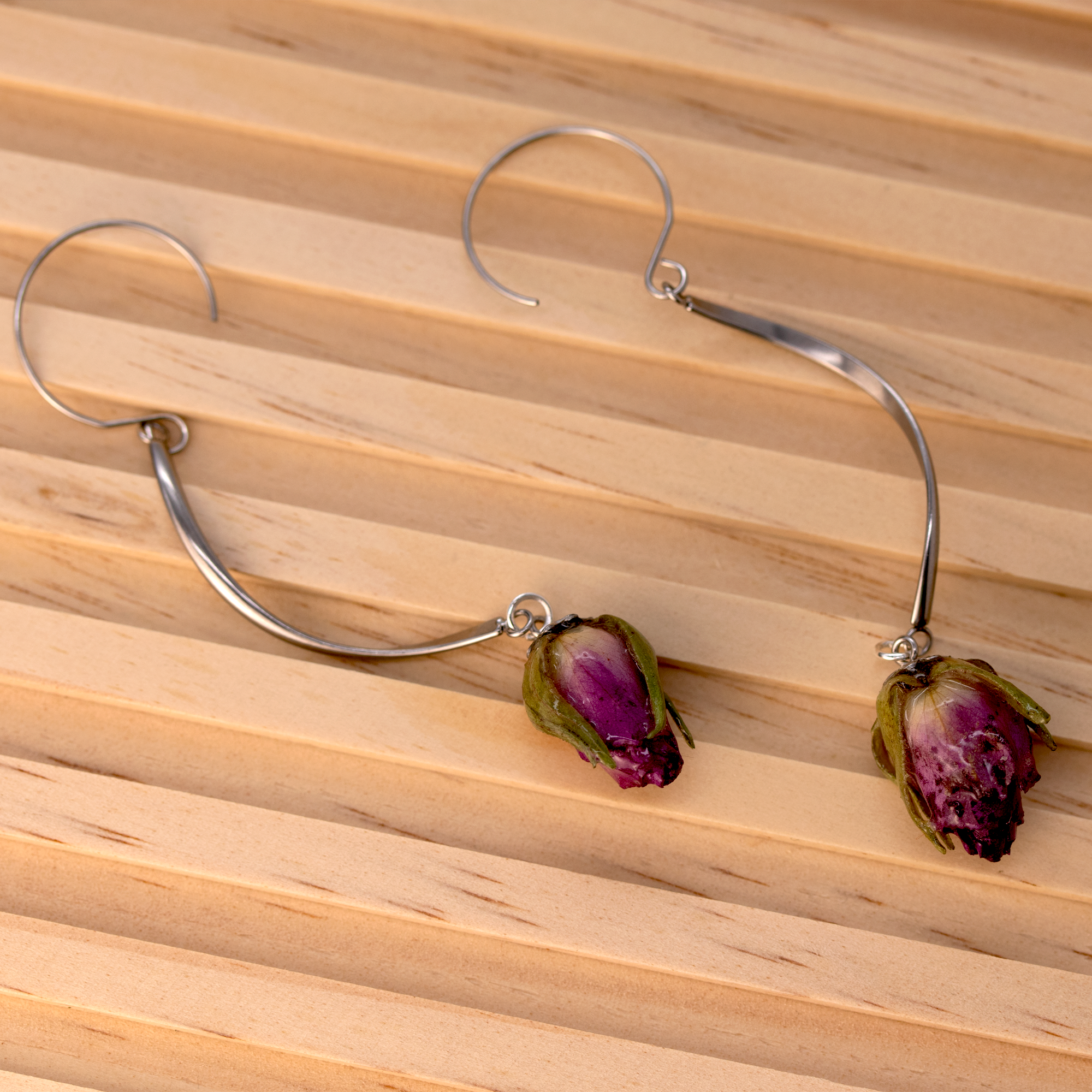 Real rose bud purple flower long dangle hanging earrings silver finish 6.png