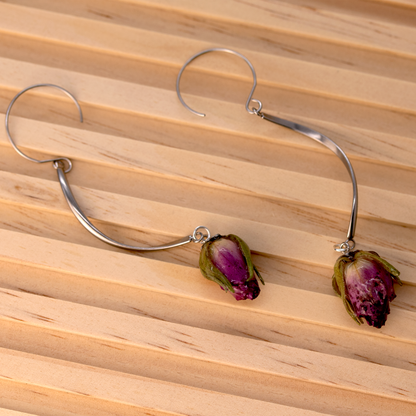 Real rose bud purple flower long dangle hanging earrings silver finish 6.png