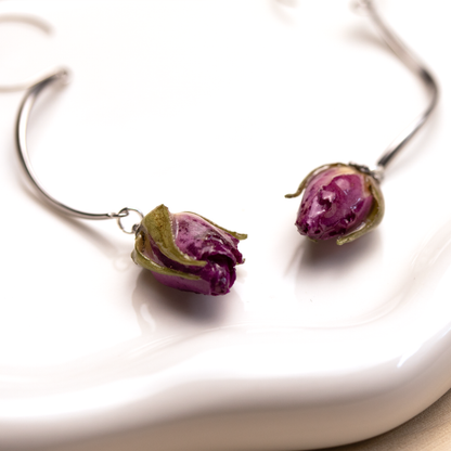 Real rose bud purple flower long dangle hanging earrings silver finish 4.png