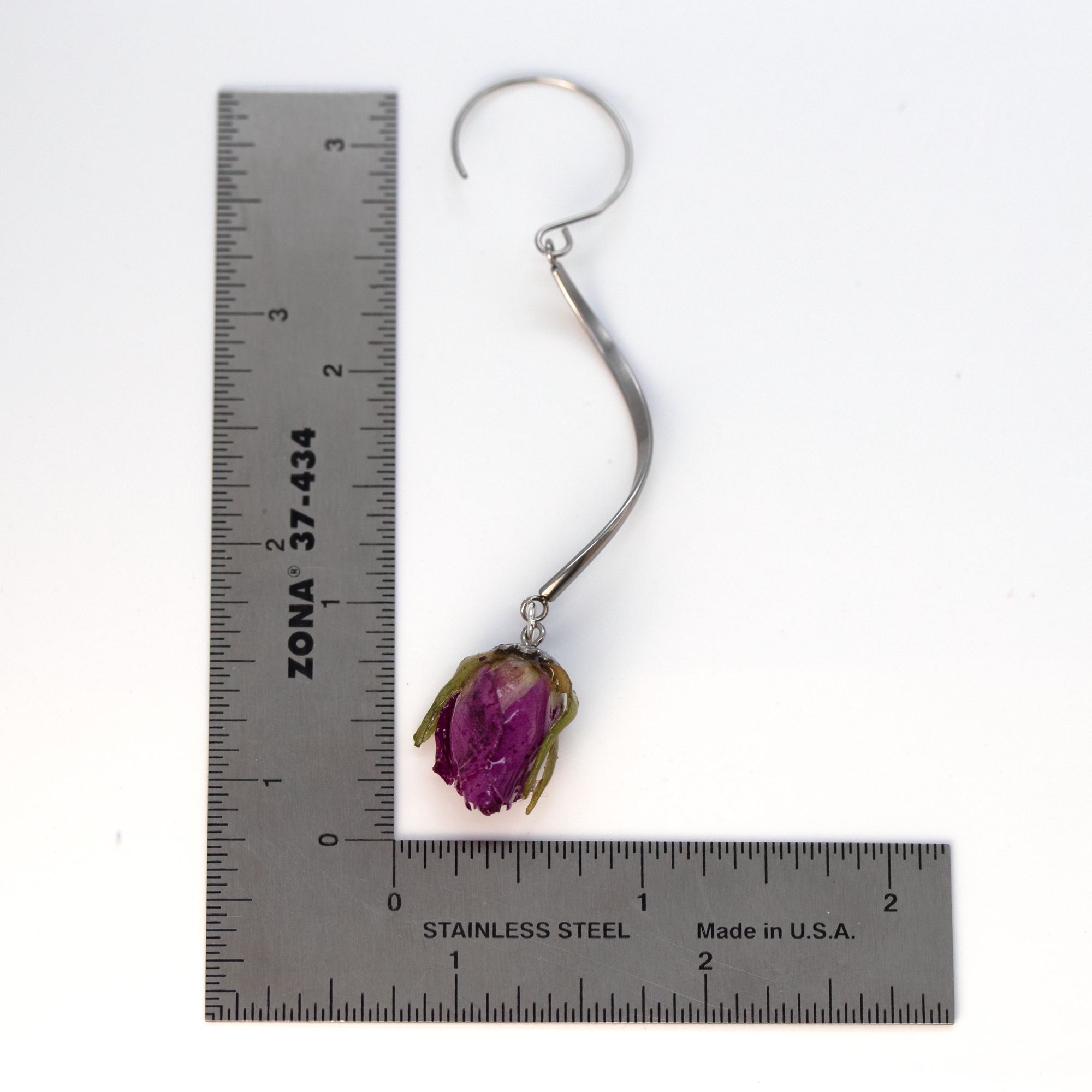 Real rose bud purple flower long dangle hanging earrings silver finish 7.png