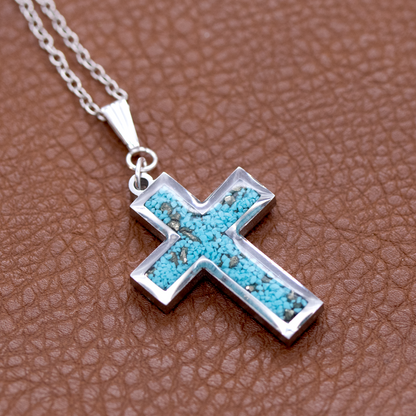 Turqoise and pyrite inlay cross pendant in silver 2.png