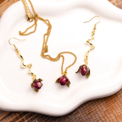 Real red mini rose bud earrings pendant set gold 6.png