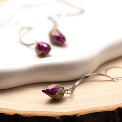 Real rose bud purple flower long dangle hanging earrings silver finish 12.png